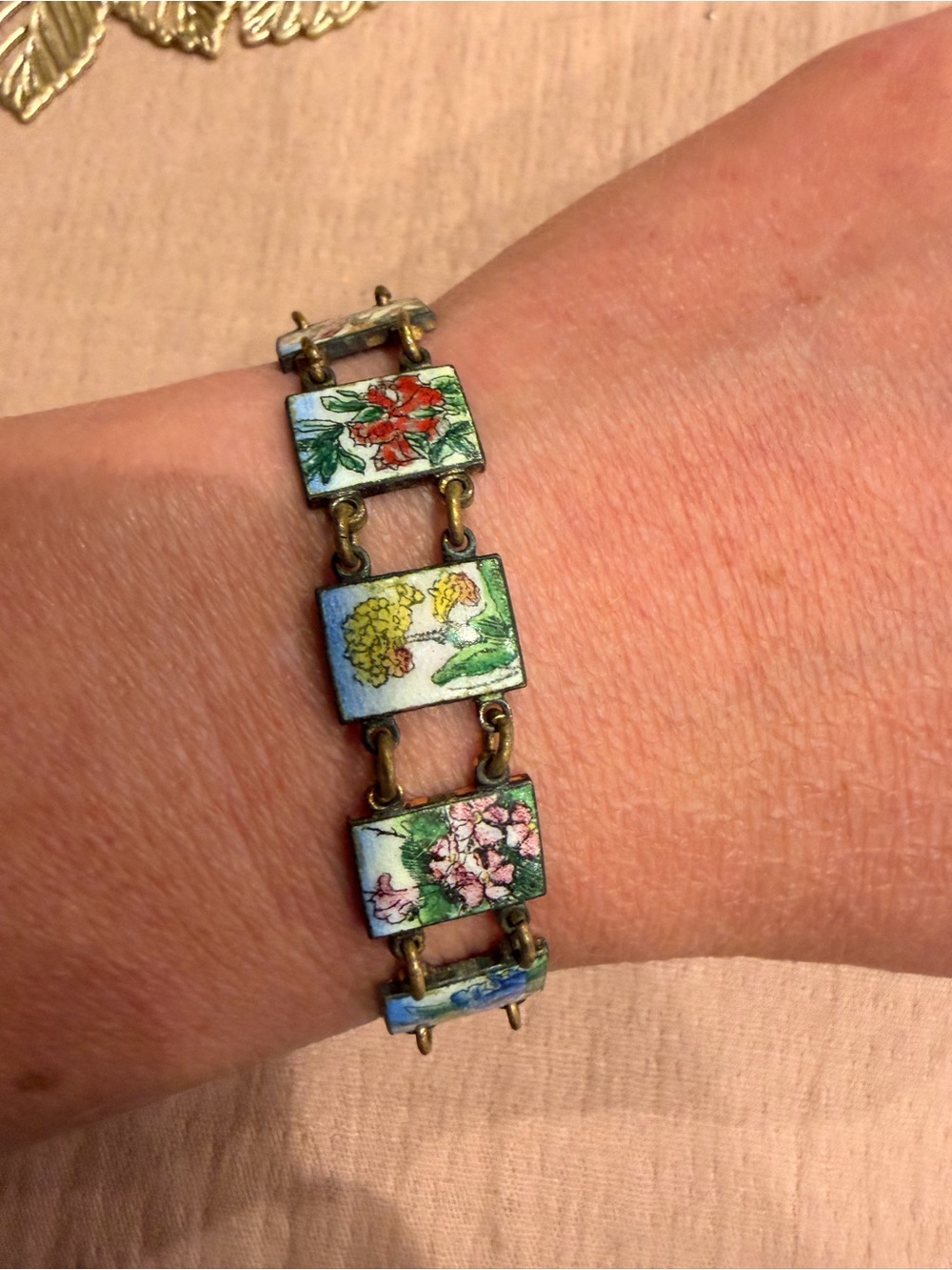 Vintage Hand-Painted Floral Tile Bracelet - Blue Background